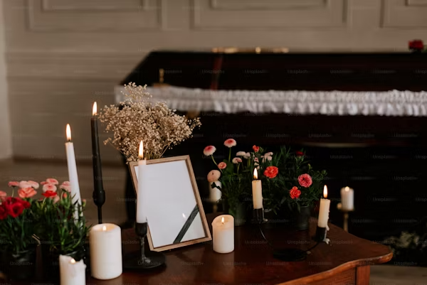 Candles and fresh flowers adorn a table next to a coffin, symbolising remembrance and honoring the departed
